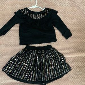 Art class black sweater top and matching skirt/gold sequin